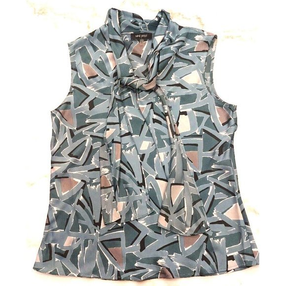 NINE WEST WOMENS Green/Gray V-NECK SLEEVELESS BLOUSE TIE at Neck SIZE Large‎ - Picture 1 of 5